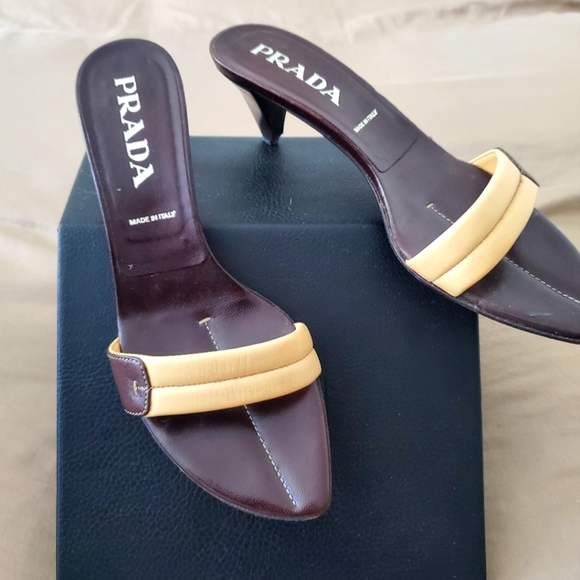Prada Leather, Open Toe, Slip-on Sandel. 2" Heel. Size 39. (8.5) - Picture 3 of 7